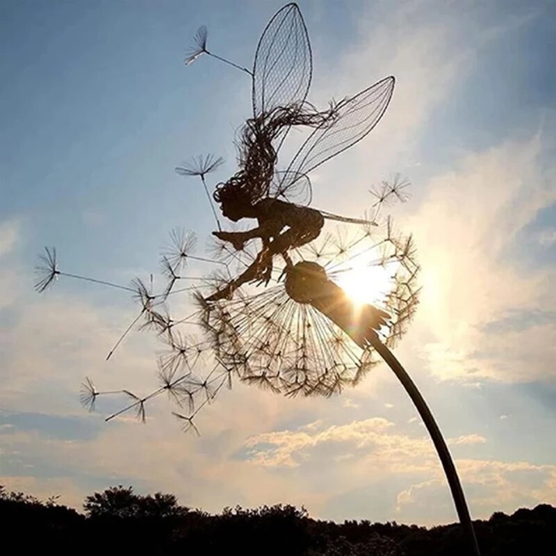 Metalen Tuinornament Fee met Paardenbloem 75cm Zwart Silhouet Gazon Decoratie Tuinsteker Miniatuur Tuin | Sansoti