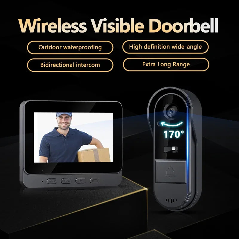 Draadloze Video Deurbel met 4.3 inch Scherm Nachtzicht 170° HD Intercom Waterdicht voor Thuisbeveiliging | Sansoti