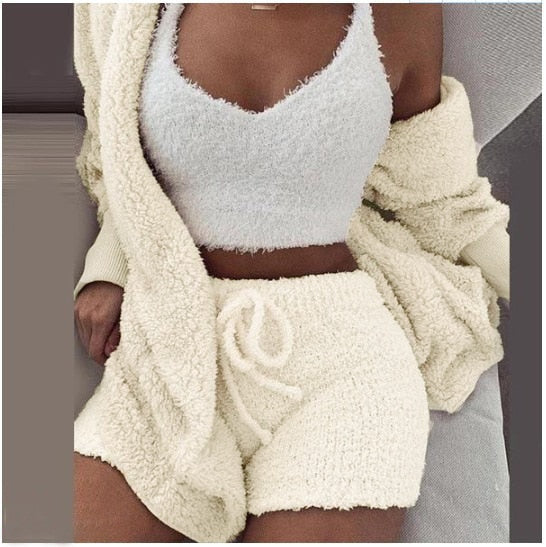 Ensemble d’intérieur tricoté trois pièces pour femmes, crop top, gilet et pantalon, chaud, vêtements d’intérieur d’hiver, confortable, détente | Sansoti