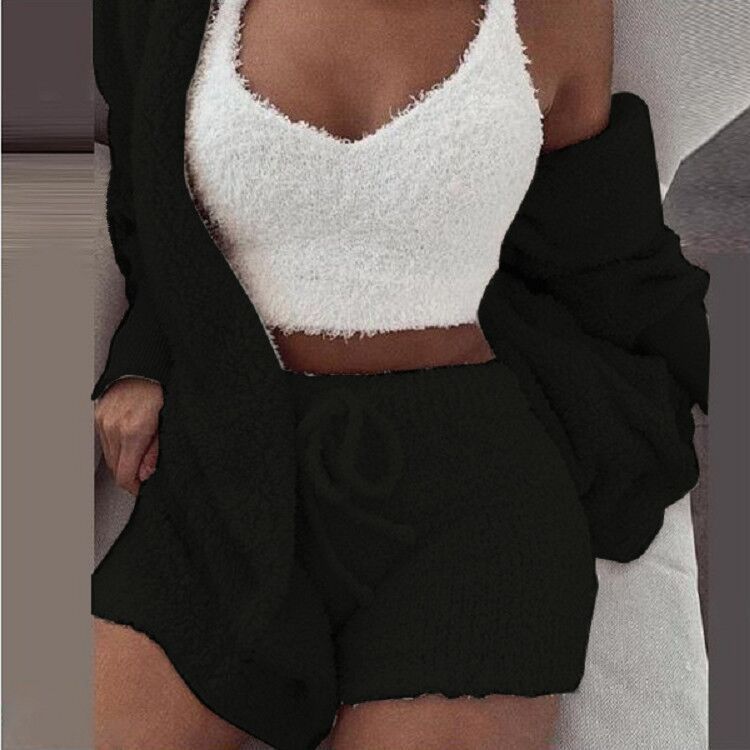 Ensemble d’intérieur tricoté trois pièces pour femmes, crop top, gilet et pantalon, chaud, vêtements d’intérieur d’hiver, confortable, détente | Sansoti