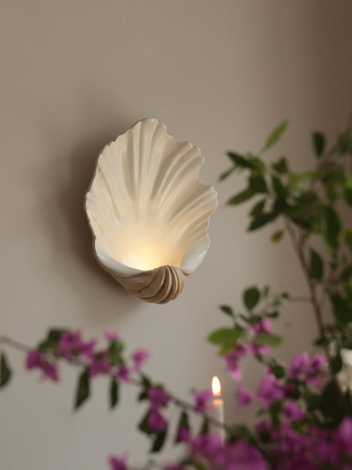 Wall Lamp Shell Cream White Natural Wood E12 Socket Organic Shapes Living Room Bedroom Hallway 42×19×52cm | Sansoti