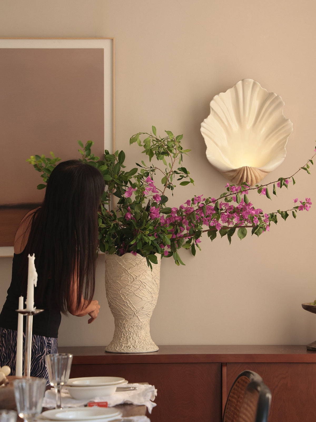 Wall Lamp Shell Cream White Natural Wood E12 Socket Organic Shapes Living Room Bedroom Hallway 42×19×52cm | Sansoti