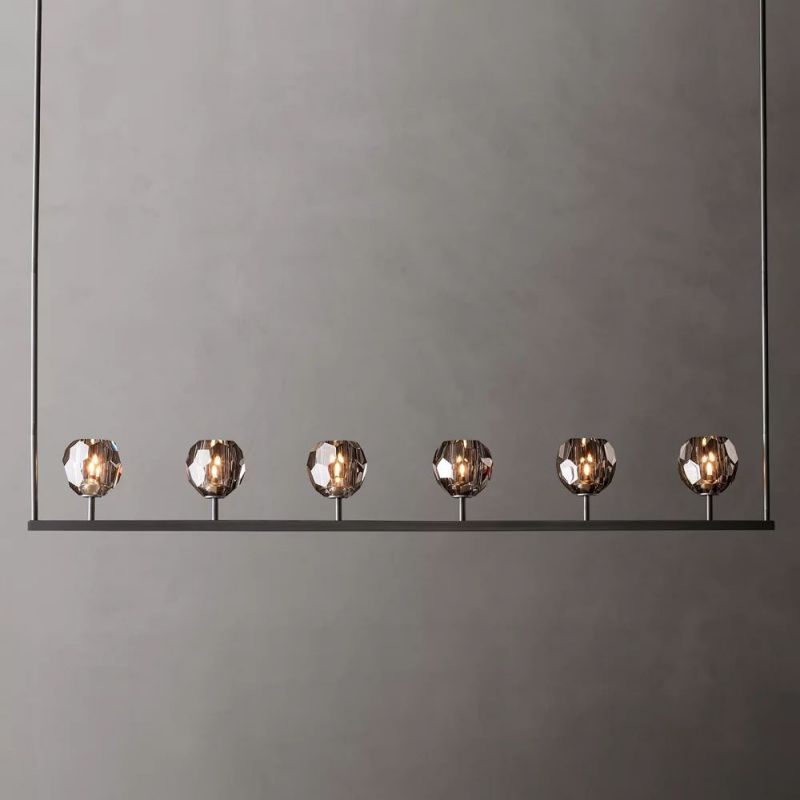 Lineaire Kroonluchter met Kristallen Bollen 152cm Messing Zwart Nikkel voor Eetkamer Woonkamer 6 Lichtpunten | Sansoti