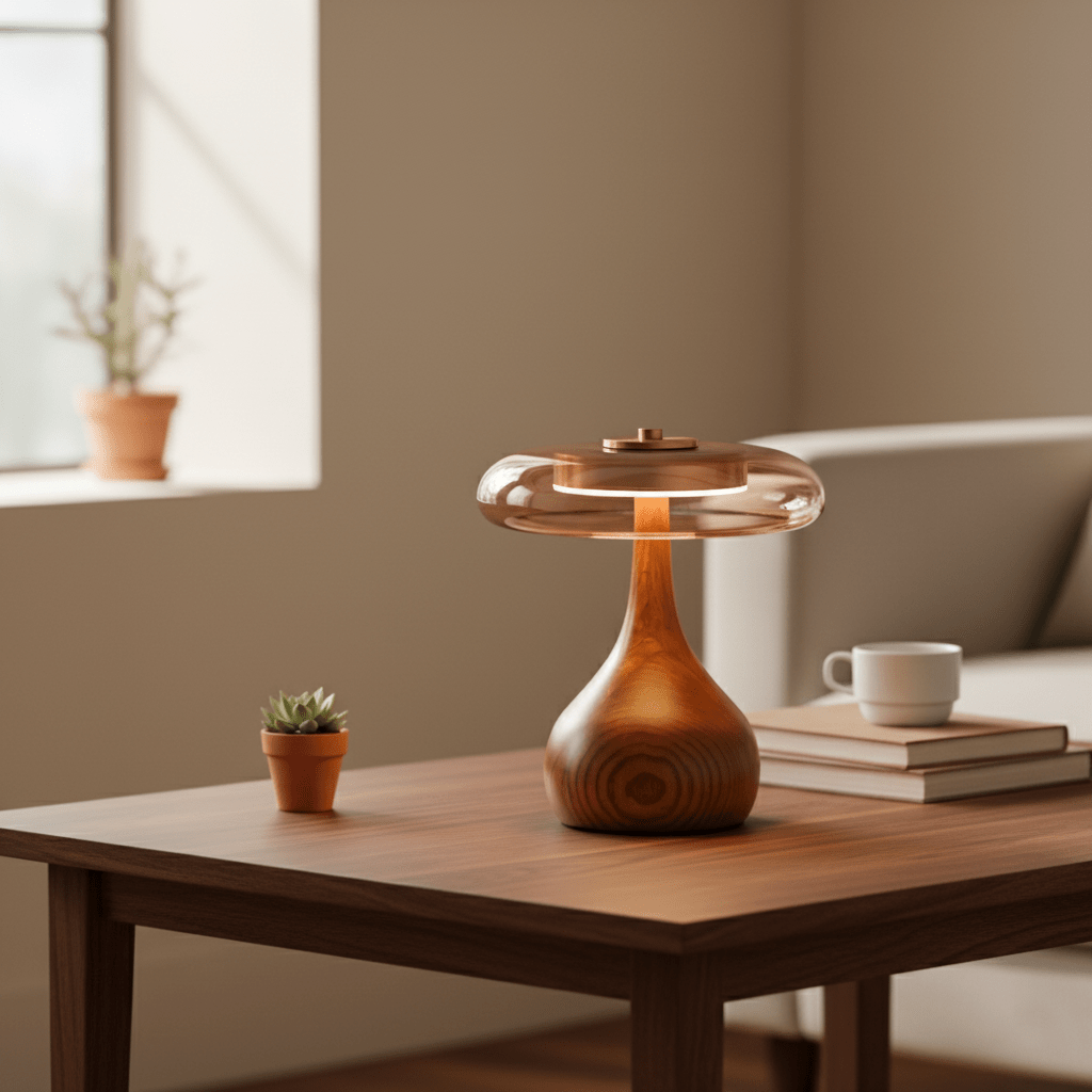 Tafellamp met Gebogen Houten Voet en Amberen Glazen Kap - Modern Scandinavisch Design - Warmwit Licht - Plug-in 150 cm Snoer - ø 8,7" - 2 Hoogtes | Sansoti