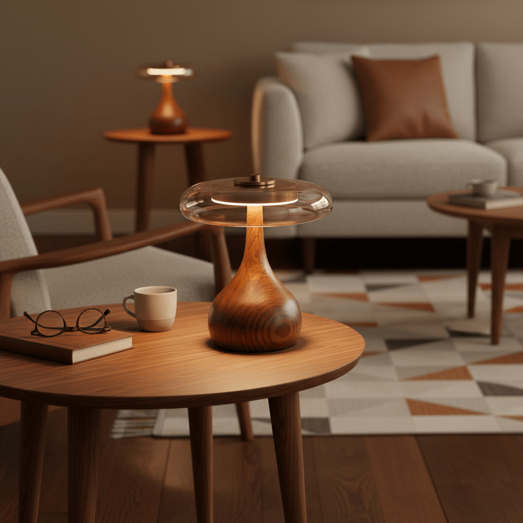 Tafellamp met Gebogen Houten Voet en Amberen Glazen Kap - Modern Scandinavisch Design - Warmwit Licht - Plug-in 150 cm Snoer - ø 8,7" - 2 Hoogtes | Sansoti