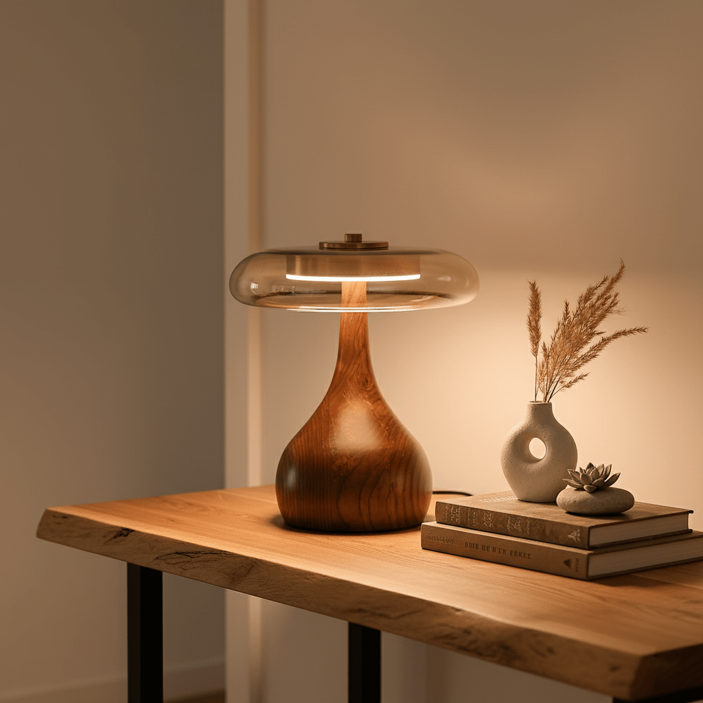 Tafellamp met Gebogen Houten Voet en Amberen Glazen Kap - Modern Scandinavisch Design - Warmwit Licht - Plug-in 150 cm Snoer - ø 8,7" - 2 Hoogtes | Sansoti