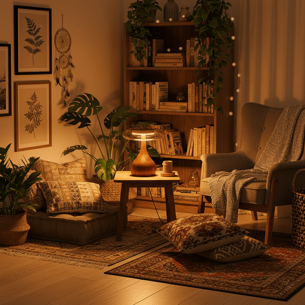 Tafellamp met Gebogen Houten Voet en Amberen Glazen Kap - Modern Scandinavisch Design - Warmwit Licht - Plug-in 150 cm Snoer - ø 8,7" - 2 Hoogtes | Sansoti