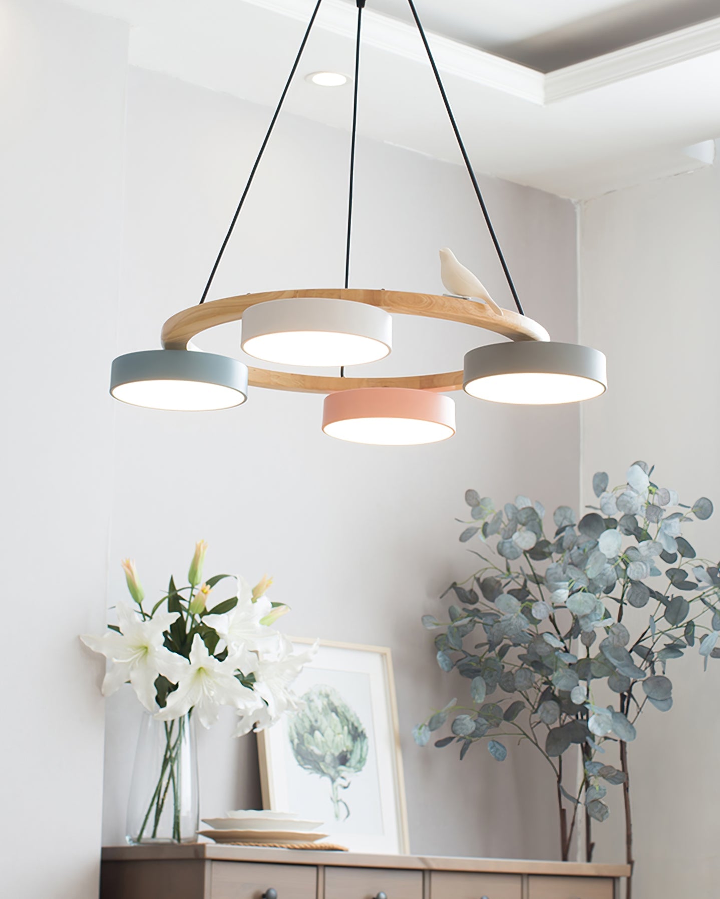 Runde Hängelampe Mit Vögeln Holzring LED 65cm 72cm | Restfield