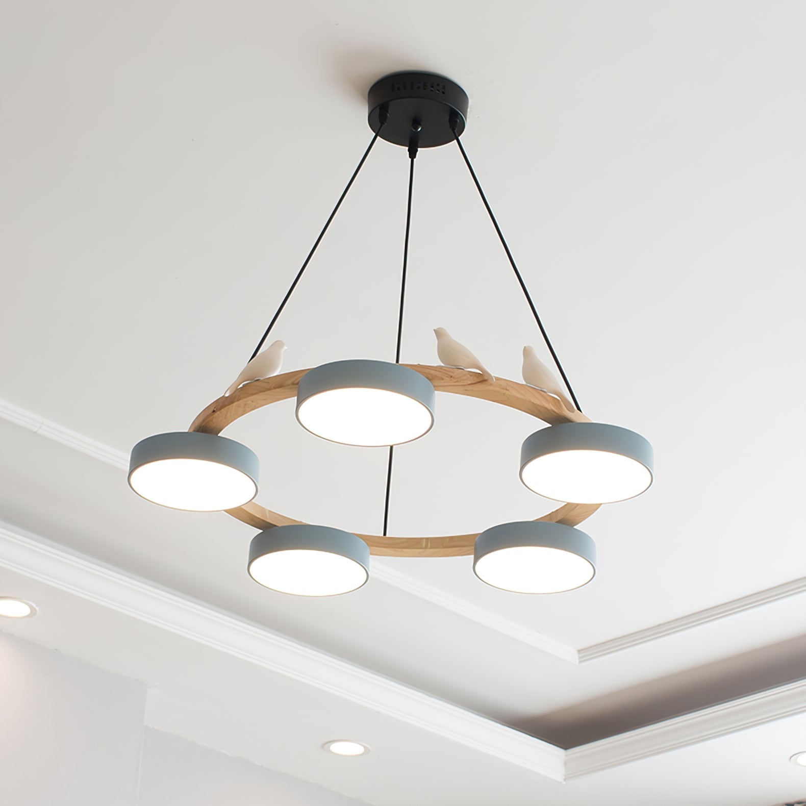 Runde Hängelampe Mit Vögeln Holzring LED 65cm 72cm | Restfield