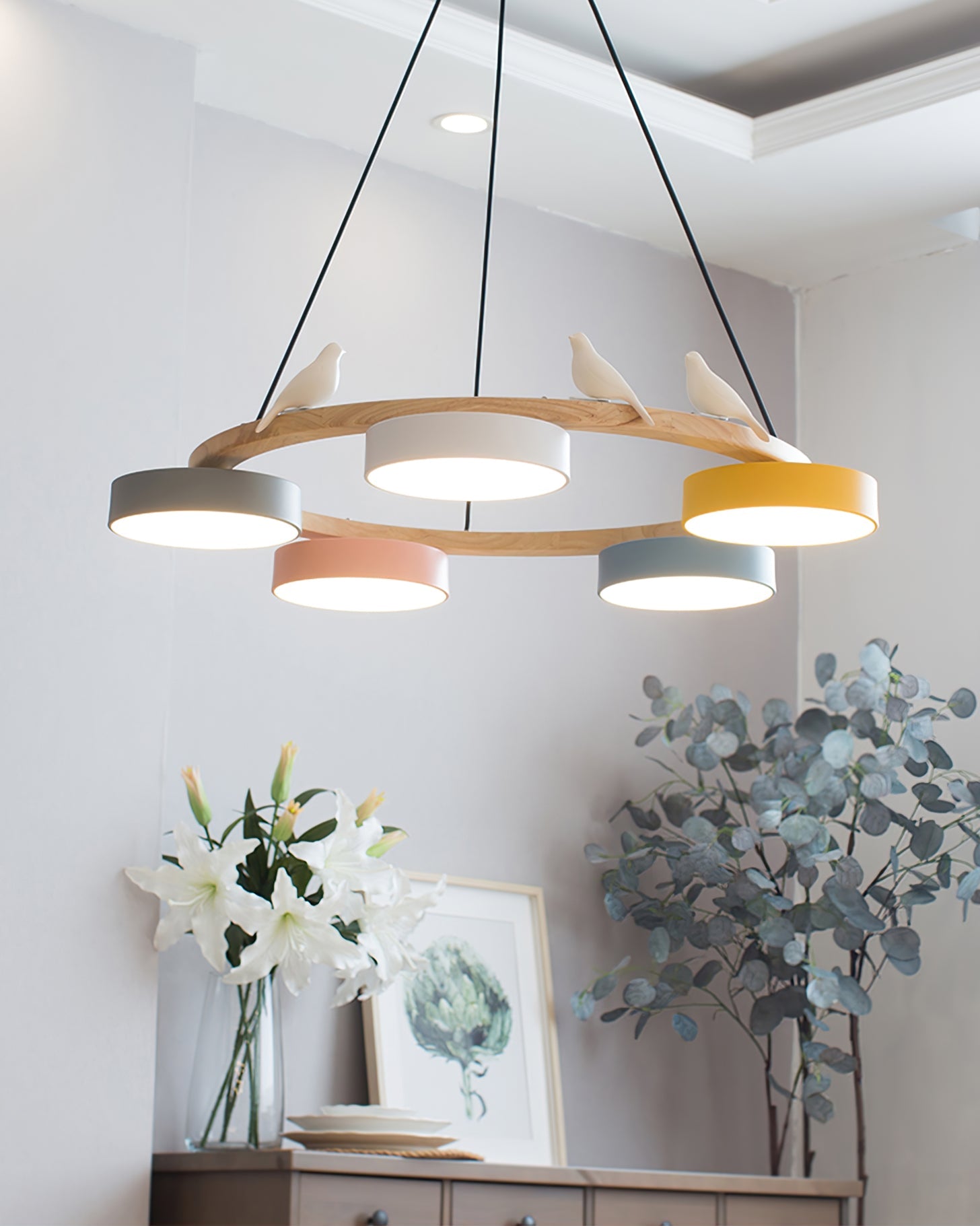 Runde Hängelampe Mit Vögeln Holzring LED 65cm 72cm | Restfield