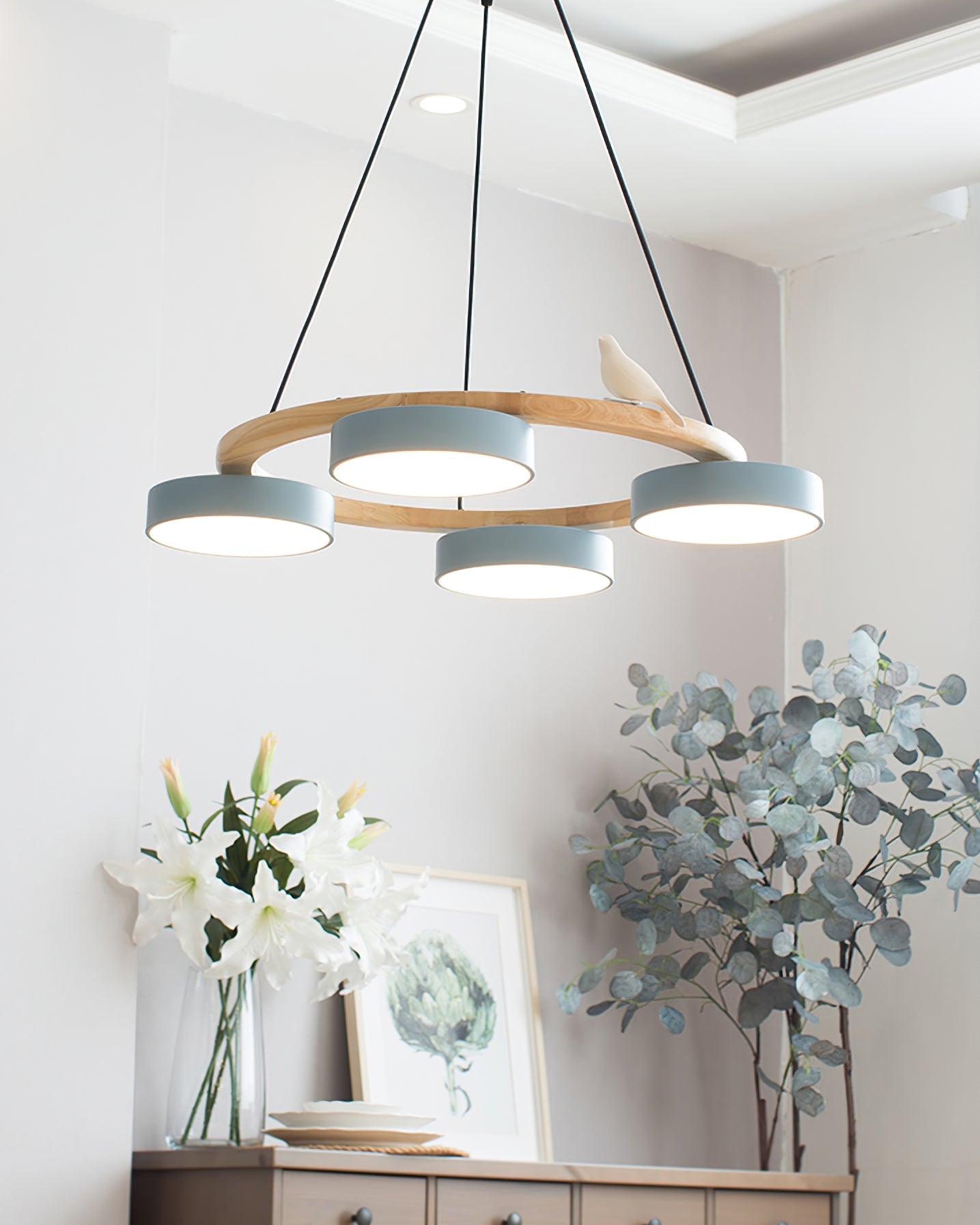 Runde Hängelampe Mit Vögeln Holzring LED 65cm 72cm | Restfield