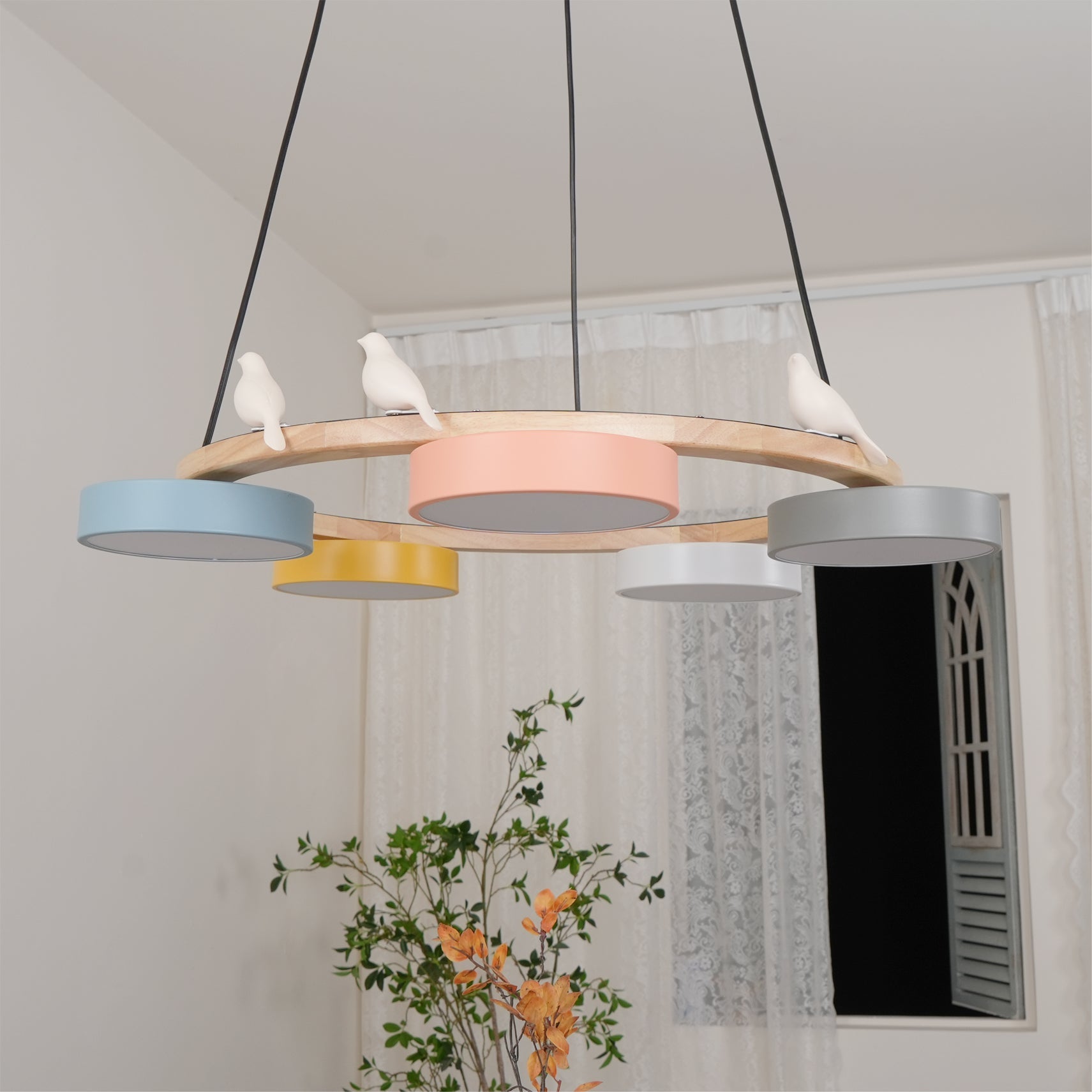 Runde Hängelampe Mit Vögeln Holzring LED 65cm 72cm | Restfield