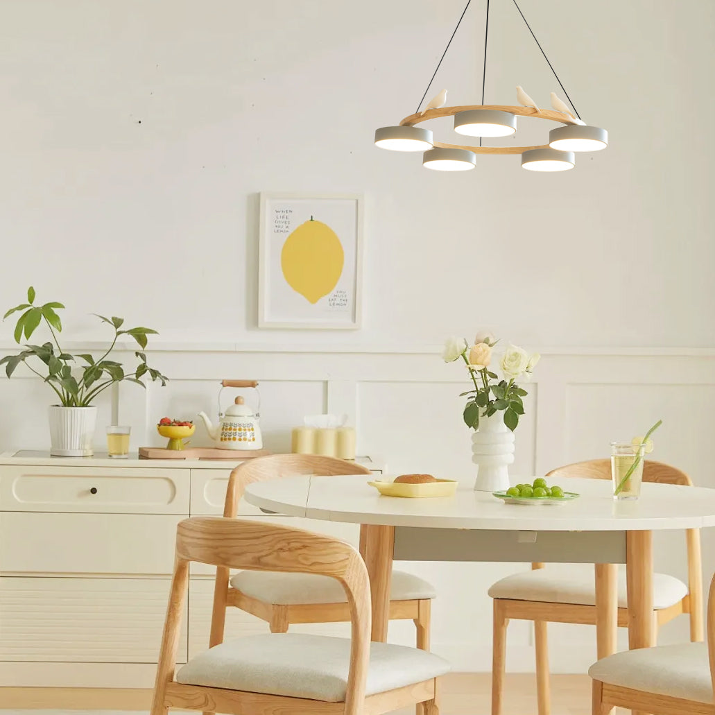 Runde Hängelampe Mit Vögeln Holzring LED 65cm 72cm | Restfield