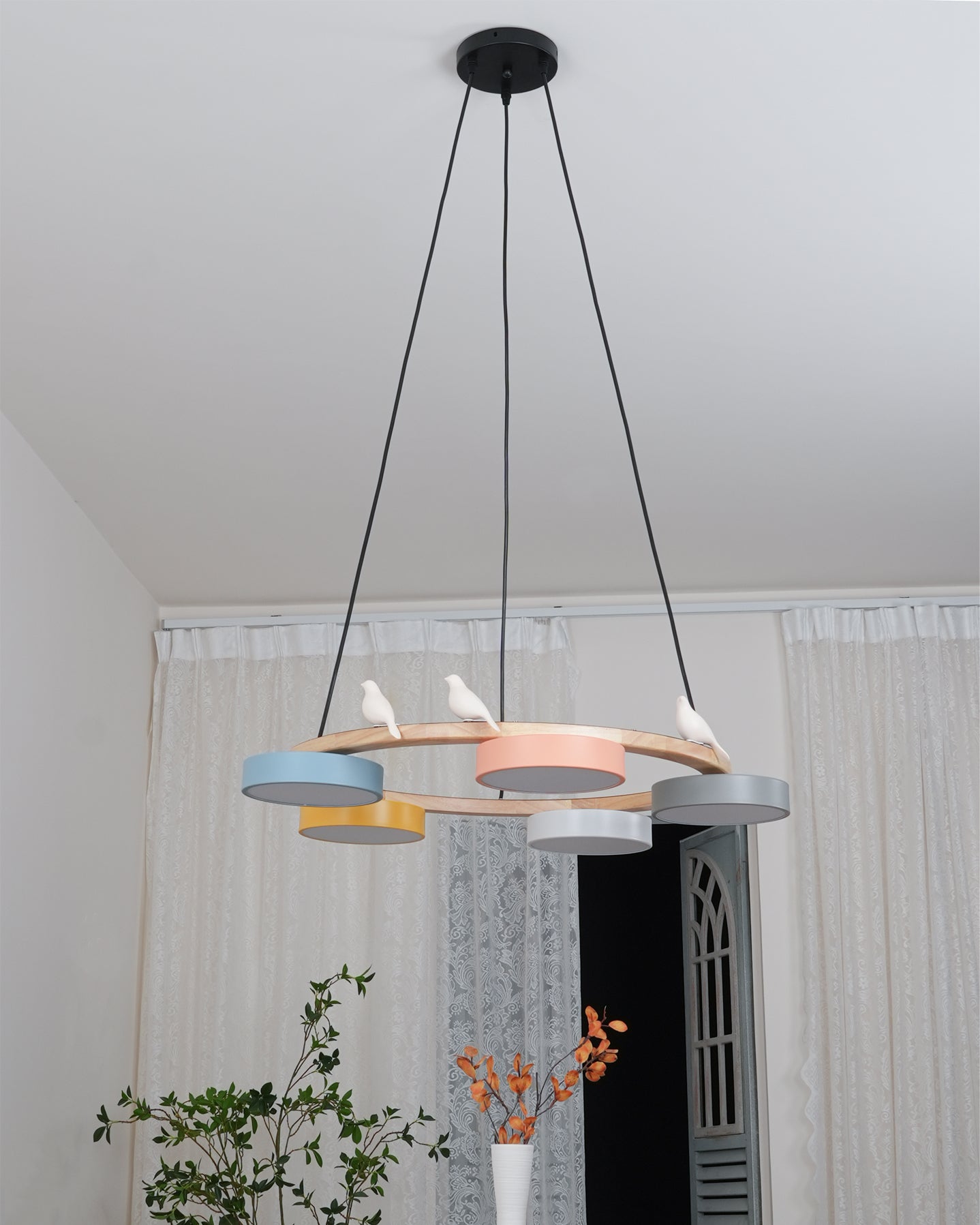 Runde Hängelampe Mit Vögeln Holzring LED 65cm 72cm | Restfield