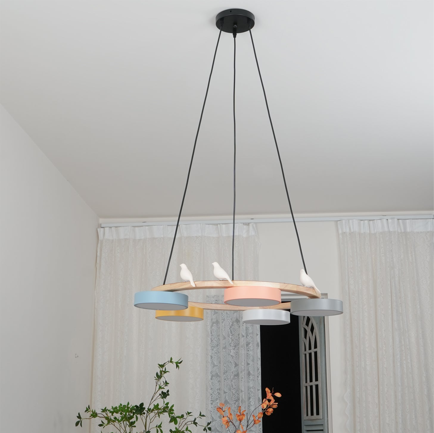 Runde Hängelampe Mit Vögeln Holzring LED 65cm 72cm | Restfield
