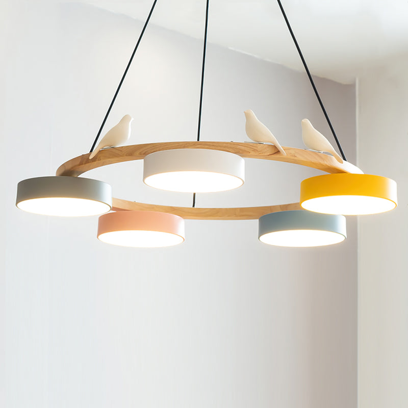 Runde Hängelampe Mit Vögeln Holzring LED 65cm 72cm | Restfield