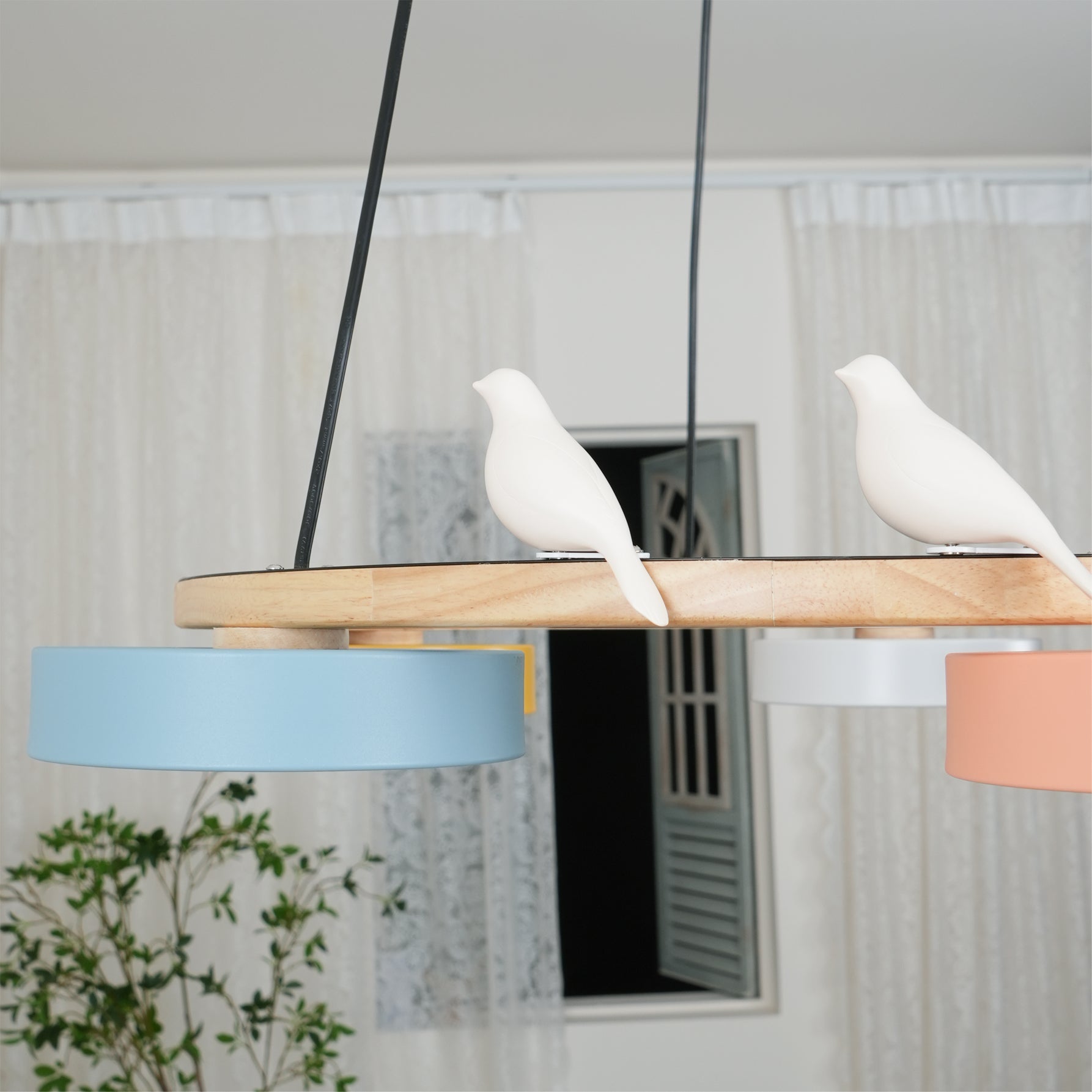 Runde Hängelampe Mit Vögeln Holzring LED 65cm 72cm | Restfield