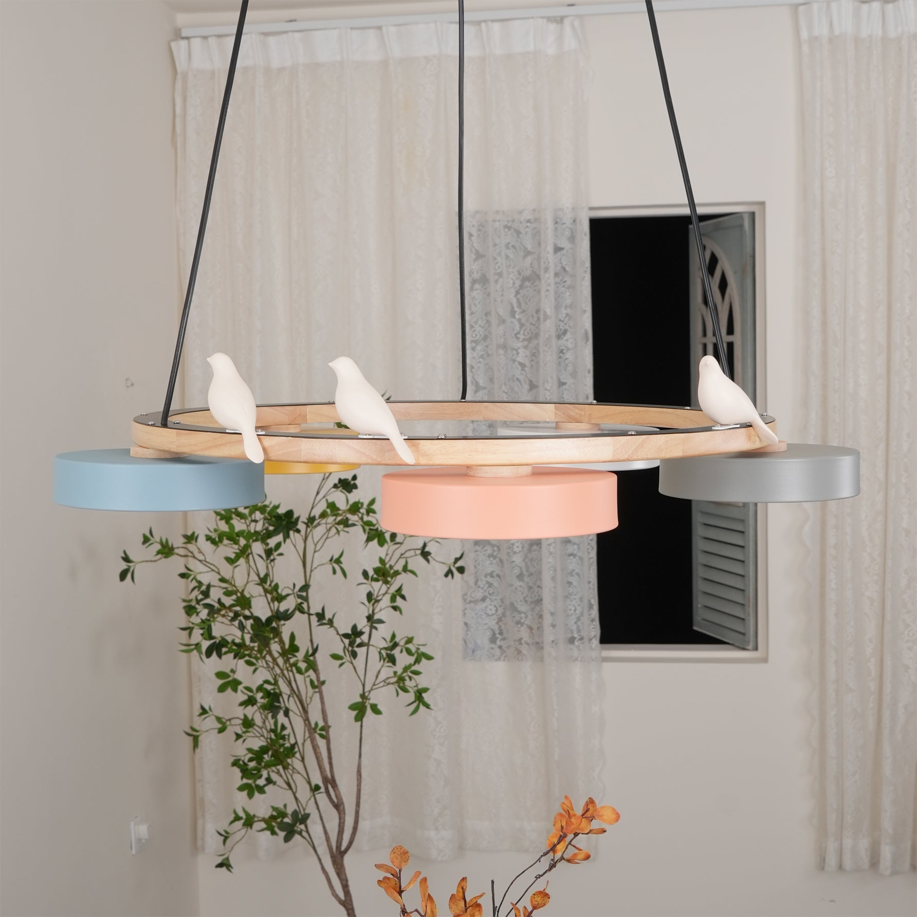 Runde Hängelampe Mit Vögeln Holzring LED 65cm 72cm | Restfield