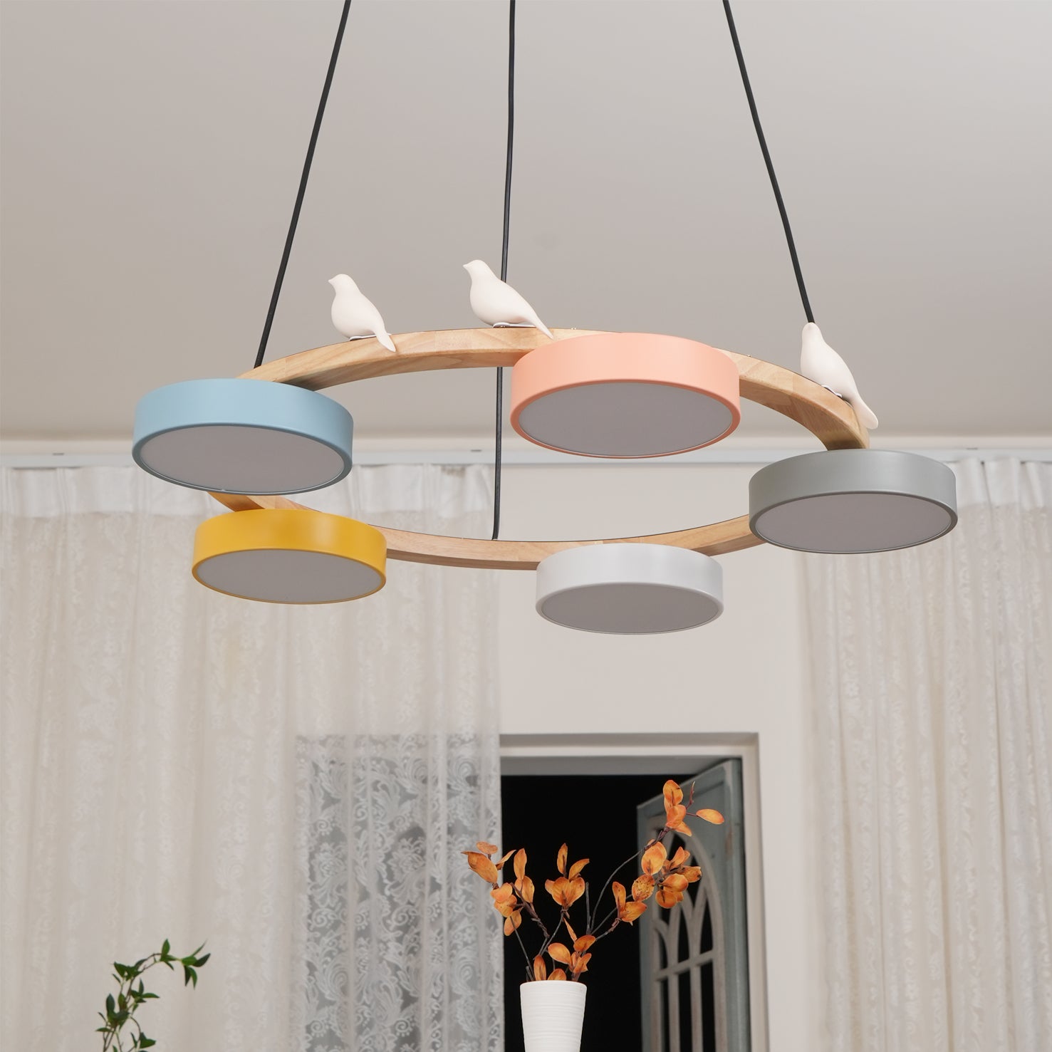 Runde Hängelampe Mit Vögeln Holzring LED 65cm 72cm | Restfield