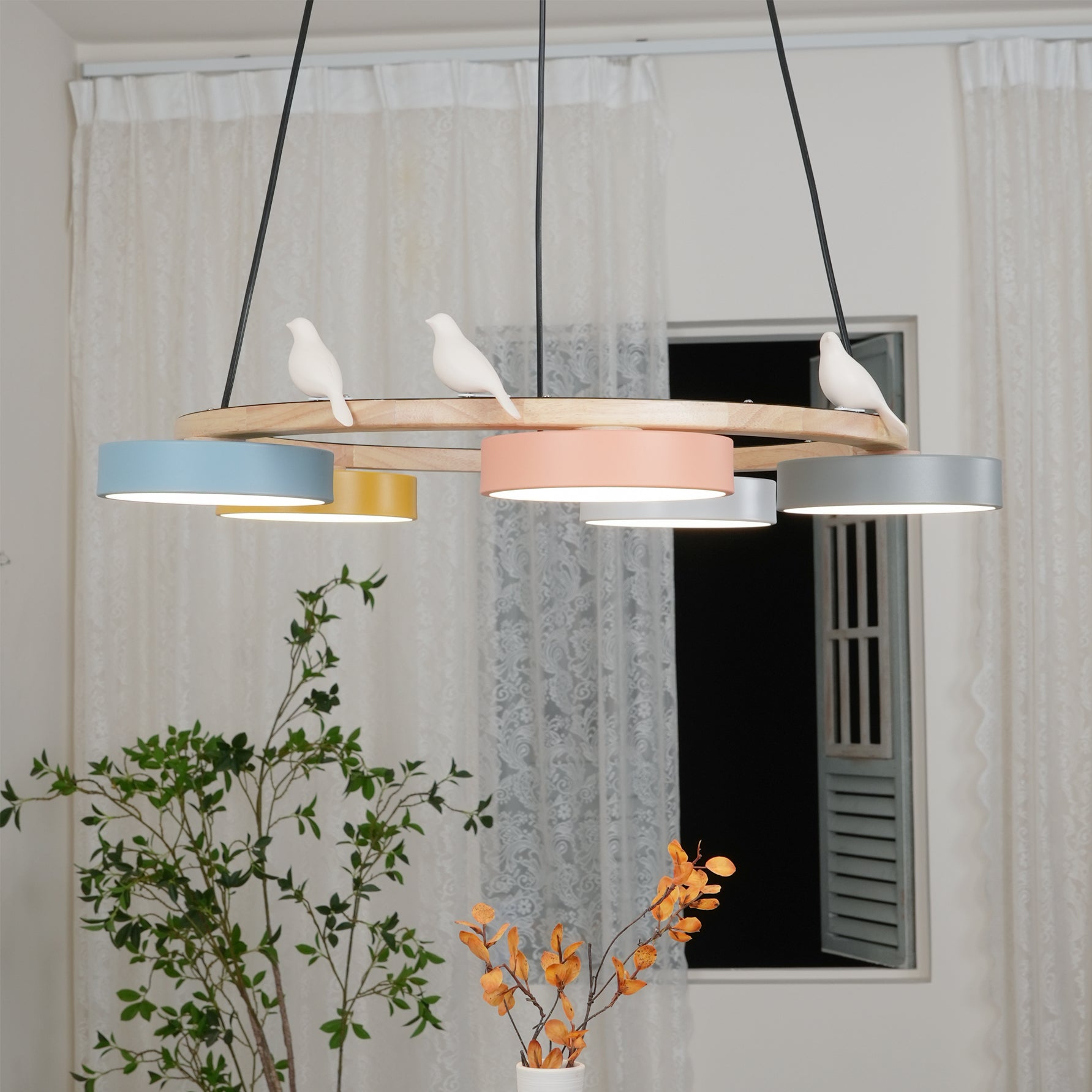 Runde Hängelampe Mit Vögeln Holzring LED 65cm 72cm | Restfield