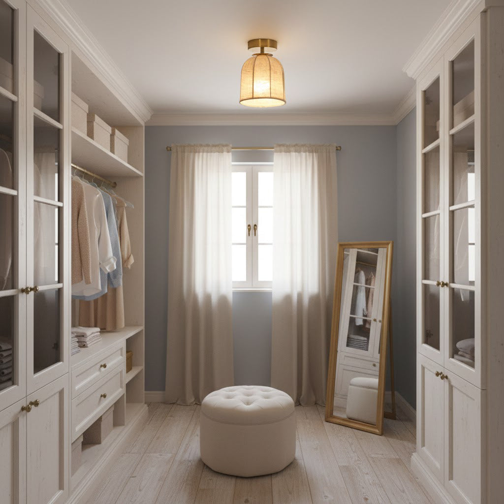 Linnen plafondlamp met gouden ijzeren frame rustiek design warm sfeerlicht voor slaapkamer woonkamer hal entree landelijk | Sansoti