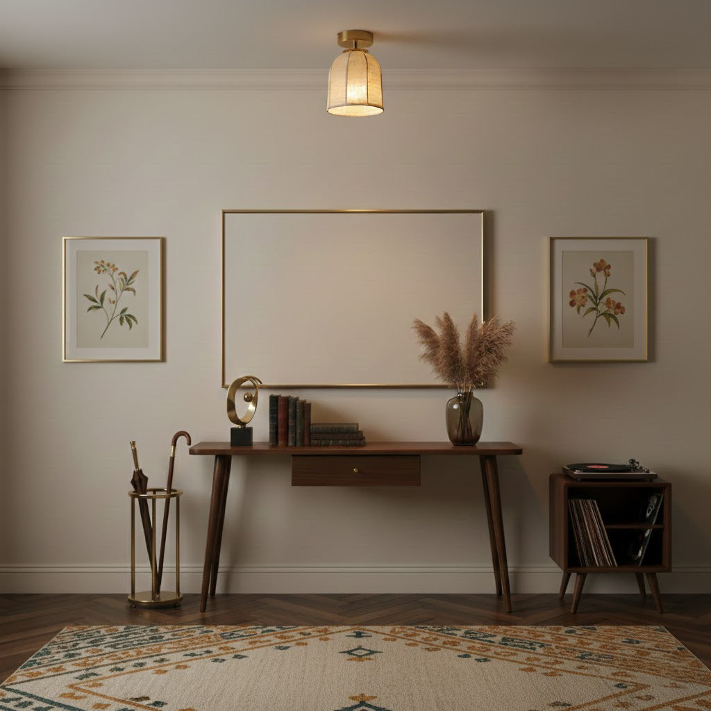 Linnen plafondlamp met gouden ijzeren frame rustiek design warm sfeerlicht voor slaapkamer woonkamer hal entree landelijk | Sansoti