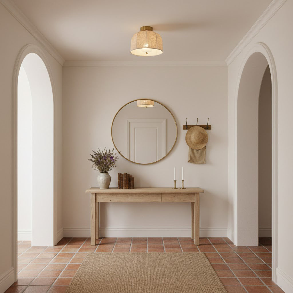 Linnen plafondlamp met gouden ijzeren frame rustiek design warm sfeerlicht voor slaapkamer woonkamer hal entree landelijk | Sansoti