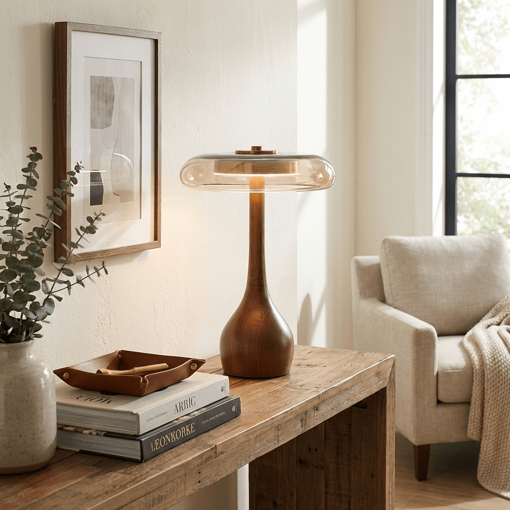 Tafellamp met Gebogen Houten Voet en Amberen Glazen Kap - Modern Scandinavisch Design - Warmwit Licht - Plug-in 150 cm Snoer - ø 8,7" - 2 Hoogtes | Sansoti