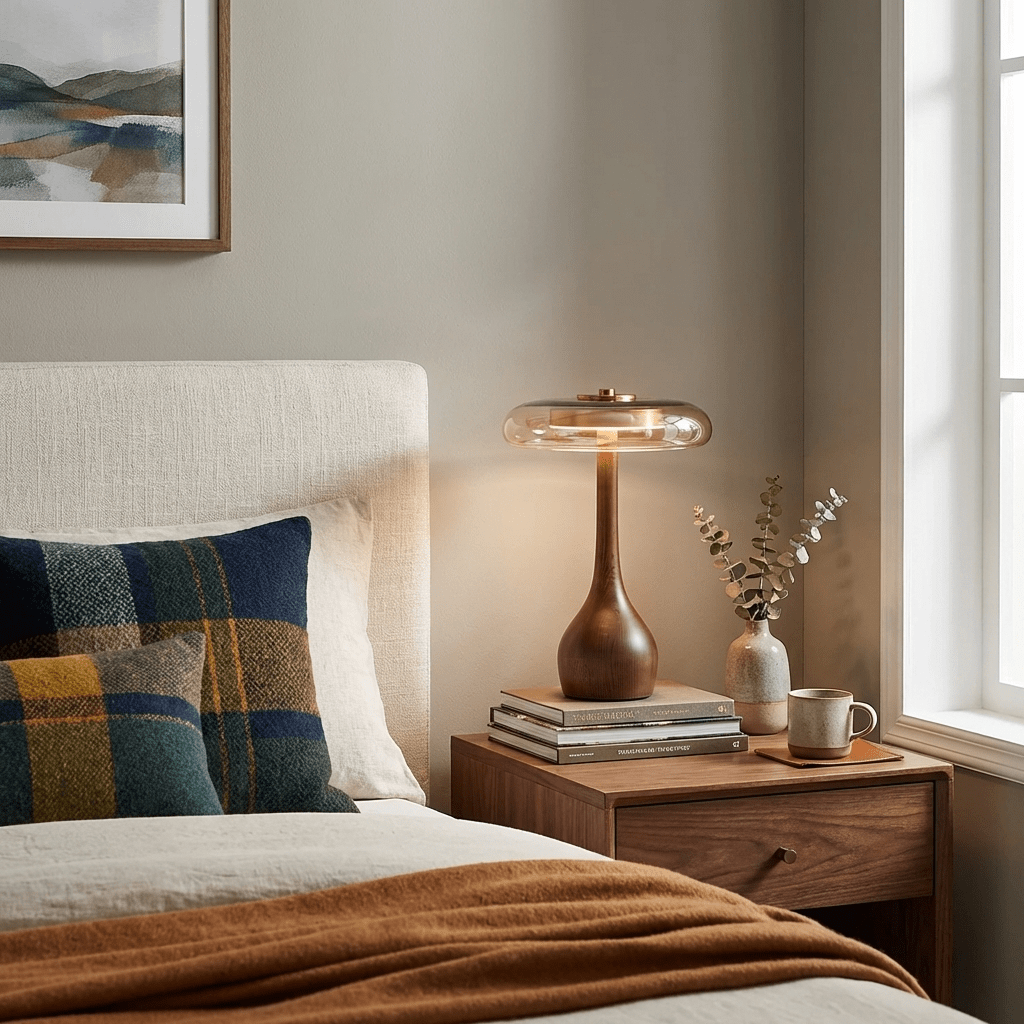 Tafellamp met Gebogen Houten Voet en Amberen Glazen Kap - Modern Scandinavisch Design - Warmwit Licht - Plug-in 150 cm Snoer - ø 8,7" - 2 Hoogtes | Sansoti