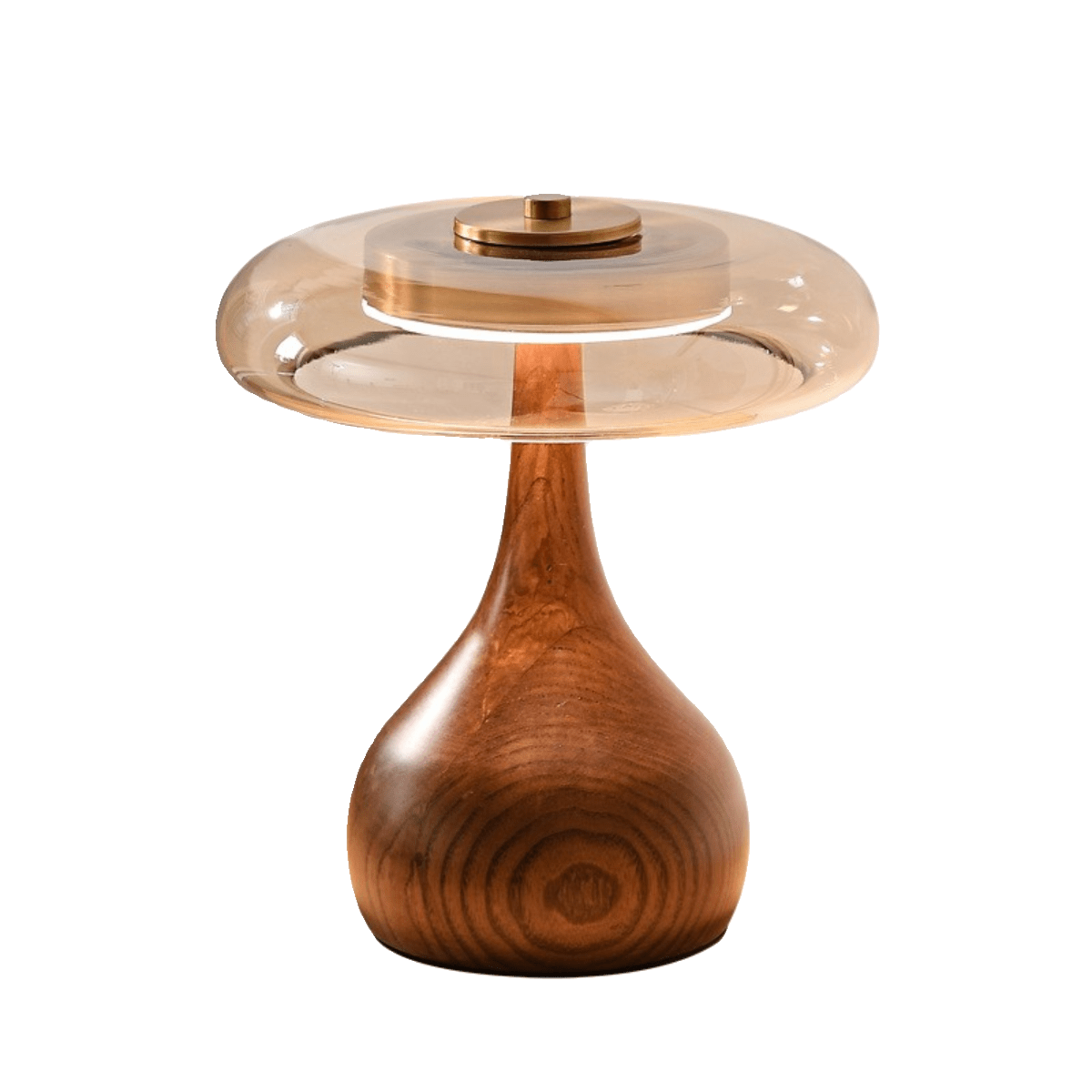 Tafellamp met Gebogen Houten Voet en Amberen Glazen Kap - Modern Scandinavisch Design - Warmwit Licht - Plug-in 150 cm Snoer - ø 8,7" - 2 Hoogtes | Sansoti