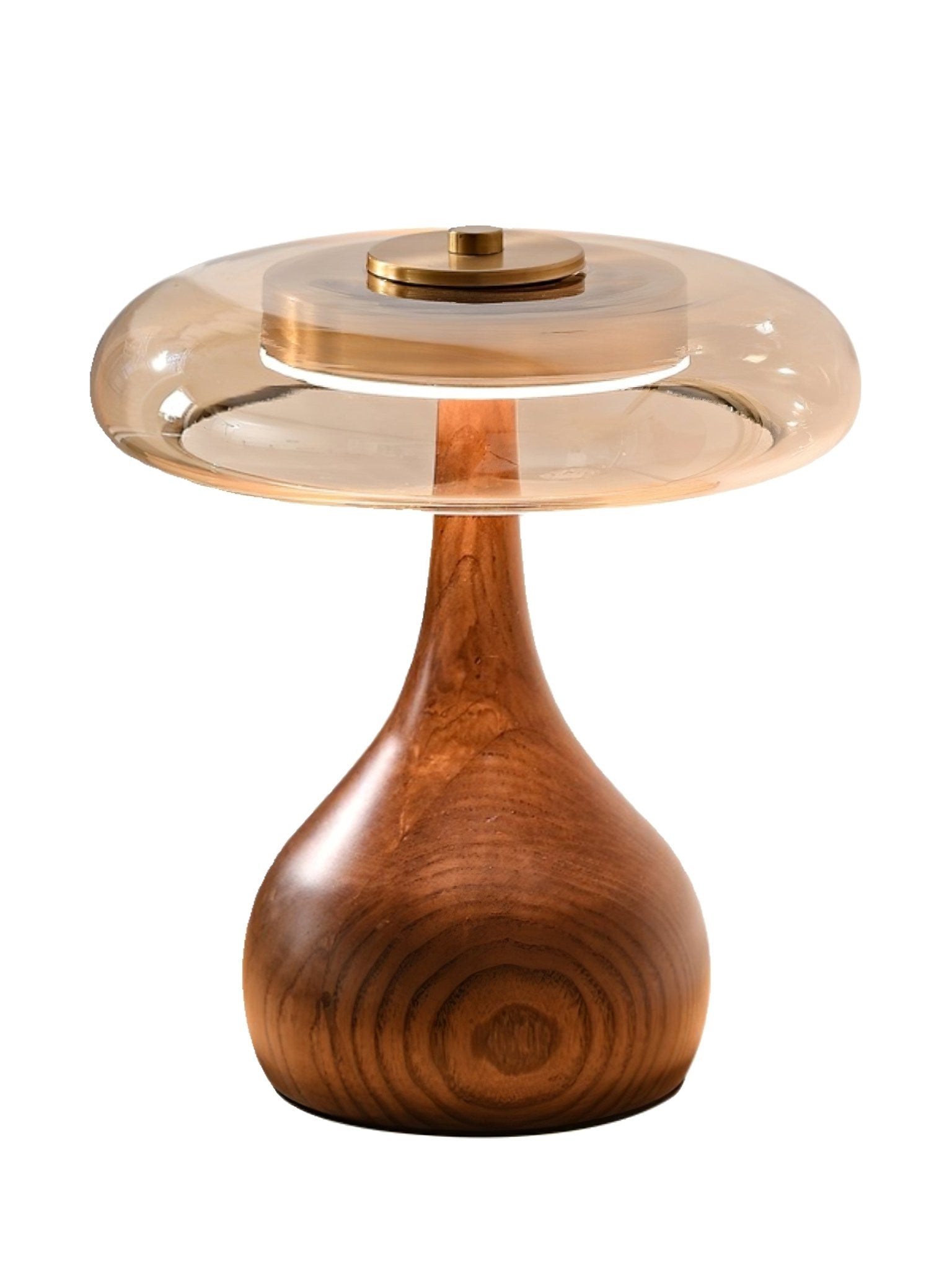 Tafellamp met Gebogen Houten Voet en Amberen Glazen Kap - Modern Scandinavisch Design - Warmwit Licht - Plug-in 150 cm Snoer - ø 8,7" - 2 Hoogtes | Sansoti