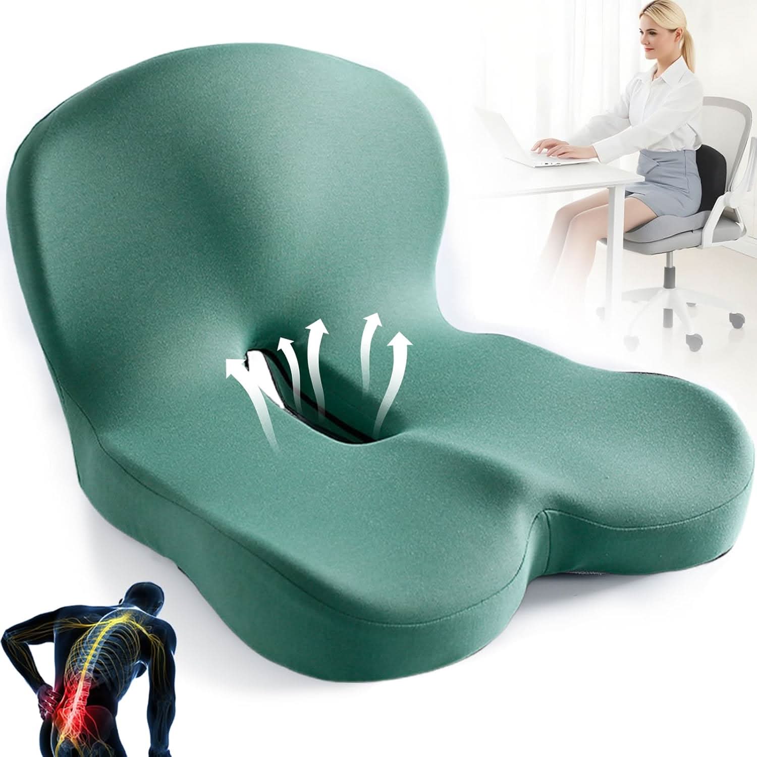 ErgoComfort Zitkussen Memory Foam Ergonomisch Drukverlagend Antislip | Bureaustoel Auto Thuiswerken Rugpijn Steunkussen Zitkussens | Sansoti