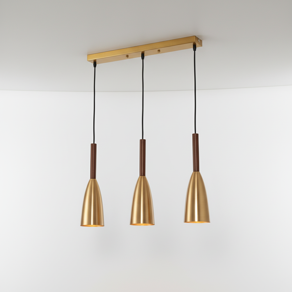 Suspension triple en aluminium et bois E27 à intensité variable, réglable, design scandinave pour salle à manger, cuisine et salon | Sansoti