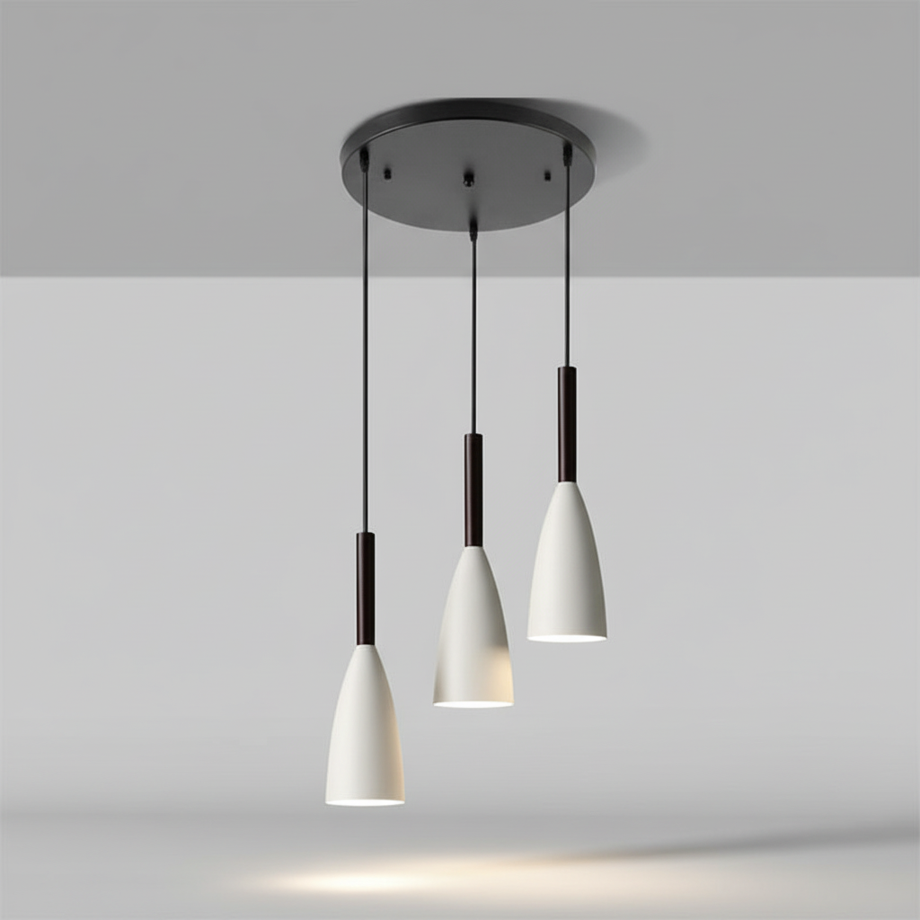 Suspension triple en aluminium et bois E27 à intensité variable, réglable, design scandinave pour salle à manger, cuisine et salon | Sansoti