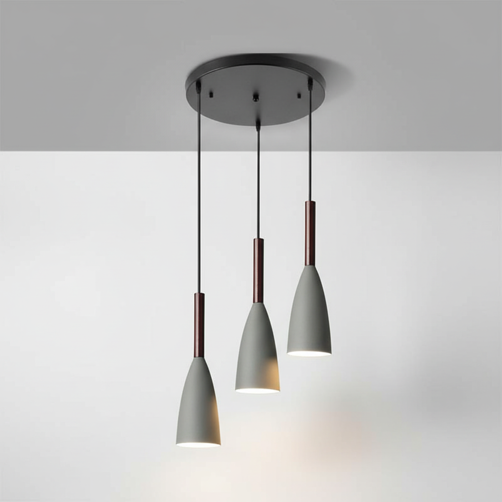 Suspension triple en aluminium et bois E27 à intensité variable, réglable, design scandinave pour salle à manger, cuisine et salon | Sansoti