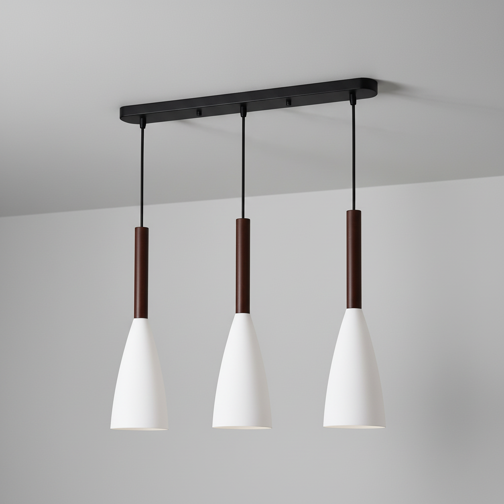 Suspension triple en aluminium et bois E27 à intensité variable, réglable, design scandinave pour salle à manger, cuisine et salon | Sansoti