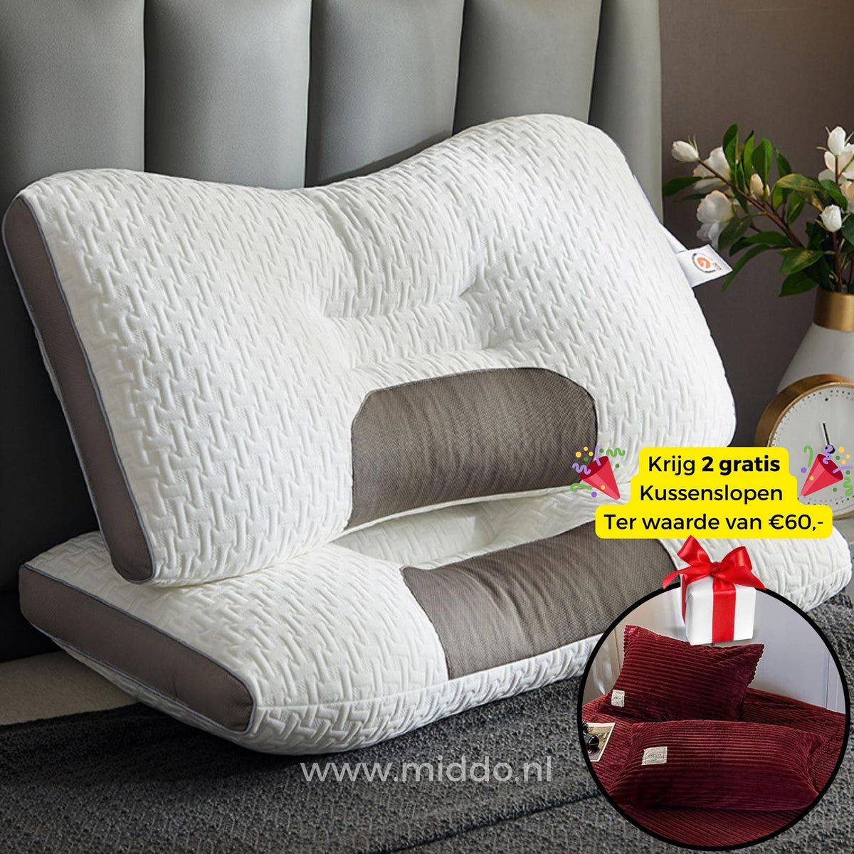 Ergonomisch Neksteunkussen Memory Foam voor Rug- en Zijslapers 48x74cm met Kussenslopen Optimale Neksteun | Sansoti