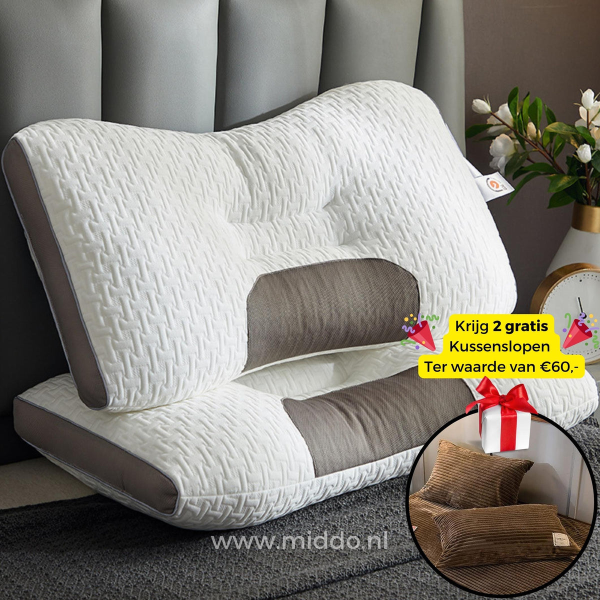 Ergonomisch Neksteunkussen Memory Foam voor Rug- en Zijslapers 48x74cm met Kussenslopen Optimale Neksteun | Sansoti