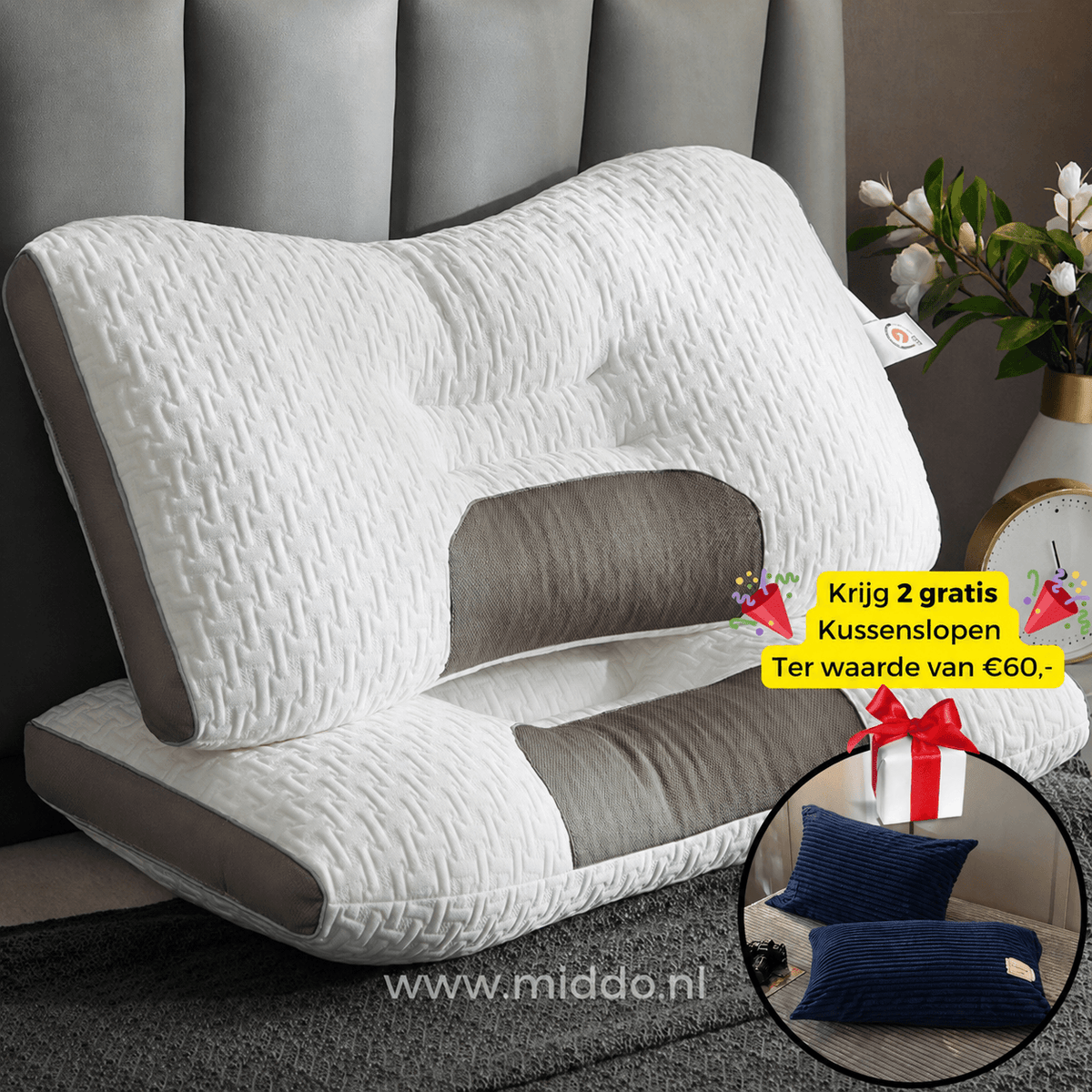 Ergonomisch Neksteunkussen Memory Foam voor Rug- en Zijslapers 48x74cm met Kussenslopen Optimale Neksteun | Sansoti