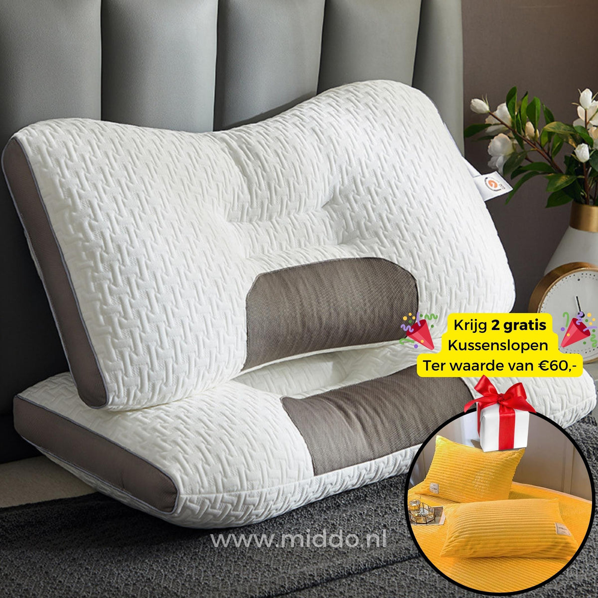 Ergonomisch Neksteunkussen Memory Foam voor Rug- en Zijslapers 48x74cm met Kussenslopen Optimale Neksteun | Sansoti