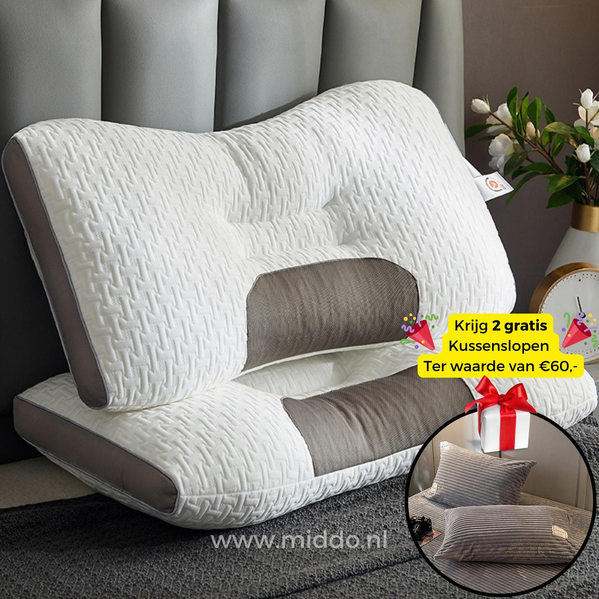Ergonomisch Neksteunkussen Memory Foam voor Rug- en Zijslapers 48x74cm met Kussenslopen Optimale Neksteun | Sansoti