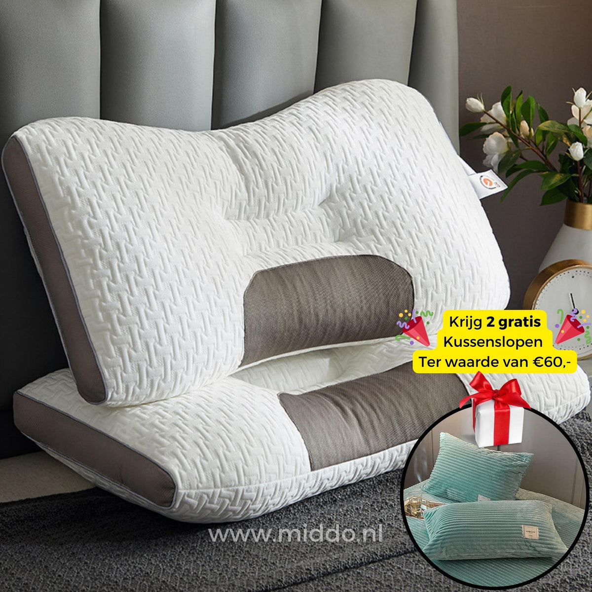 Ergonomisch Neksteunkussen Memory Foam voor Rug- en Zijslapers 48x74cm met Kussenslopen Optimale Neksteun | Sansoti