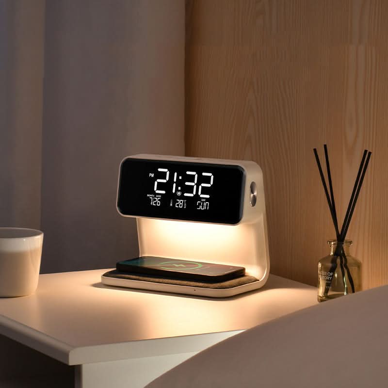 Nachtkastlamp met Draadloze Oplader en Wekker 3-in-1 Multifunctioneel LED Verlichting Touch Dimbaar Wit | Sansoti