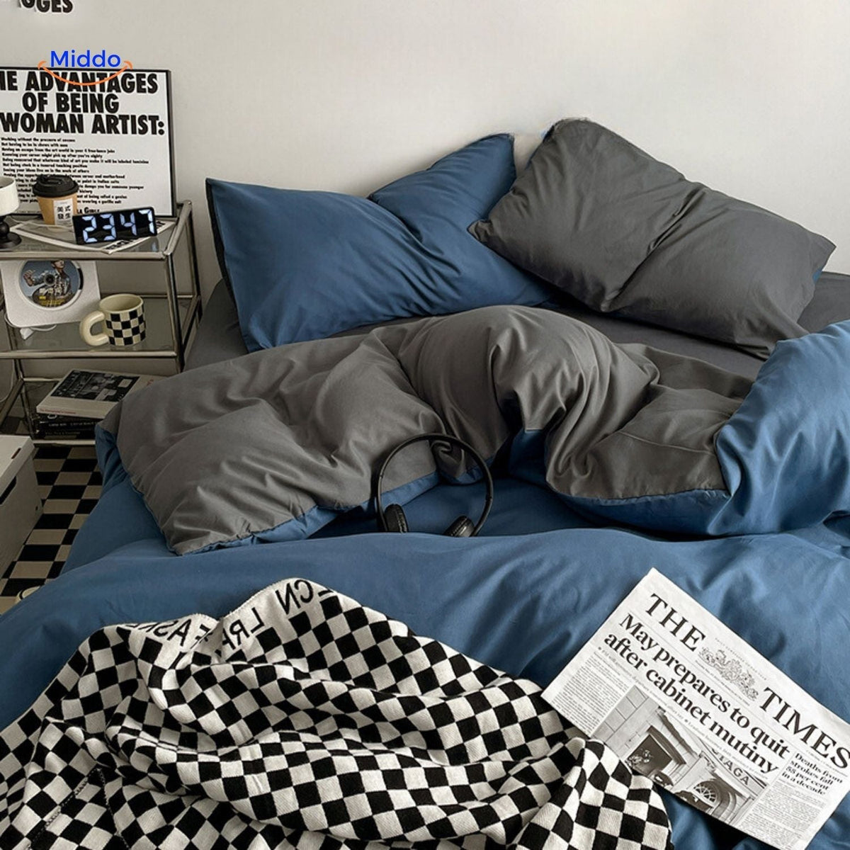 4-teilige Bettwäschegarnitur aus Baumwolle, gewaschene Baumwolle, atmungsaktiv, Bettbezug, Spannbettlaken, Studentenzimmer, Schlafzimmer | Sansoti