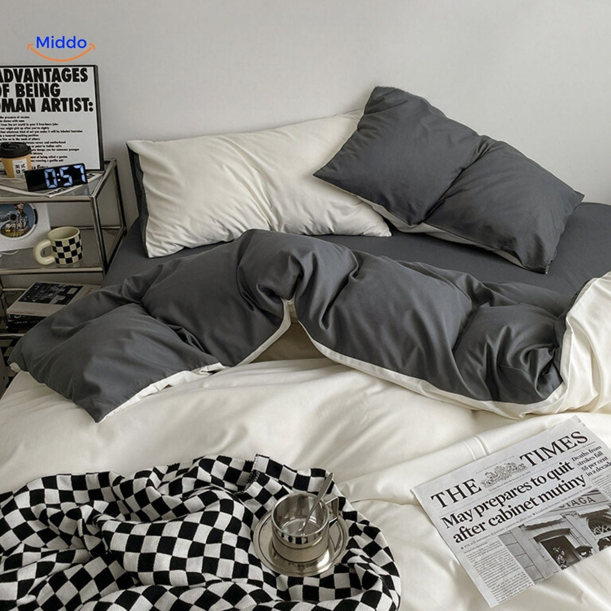 4-teilige Bettwäschegarnitur aus Baumwolle, gewaschene Baumwolle, atmungsaktiv, Bettbezug, Spannbettlaken, Studentenzimmer, Schlafzimmer | Sansoti