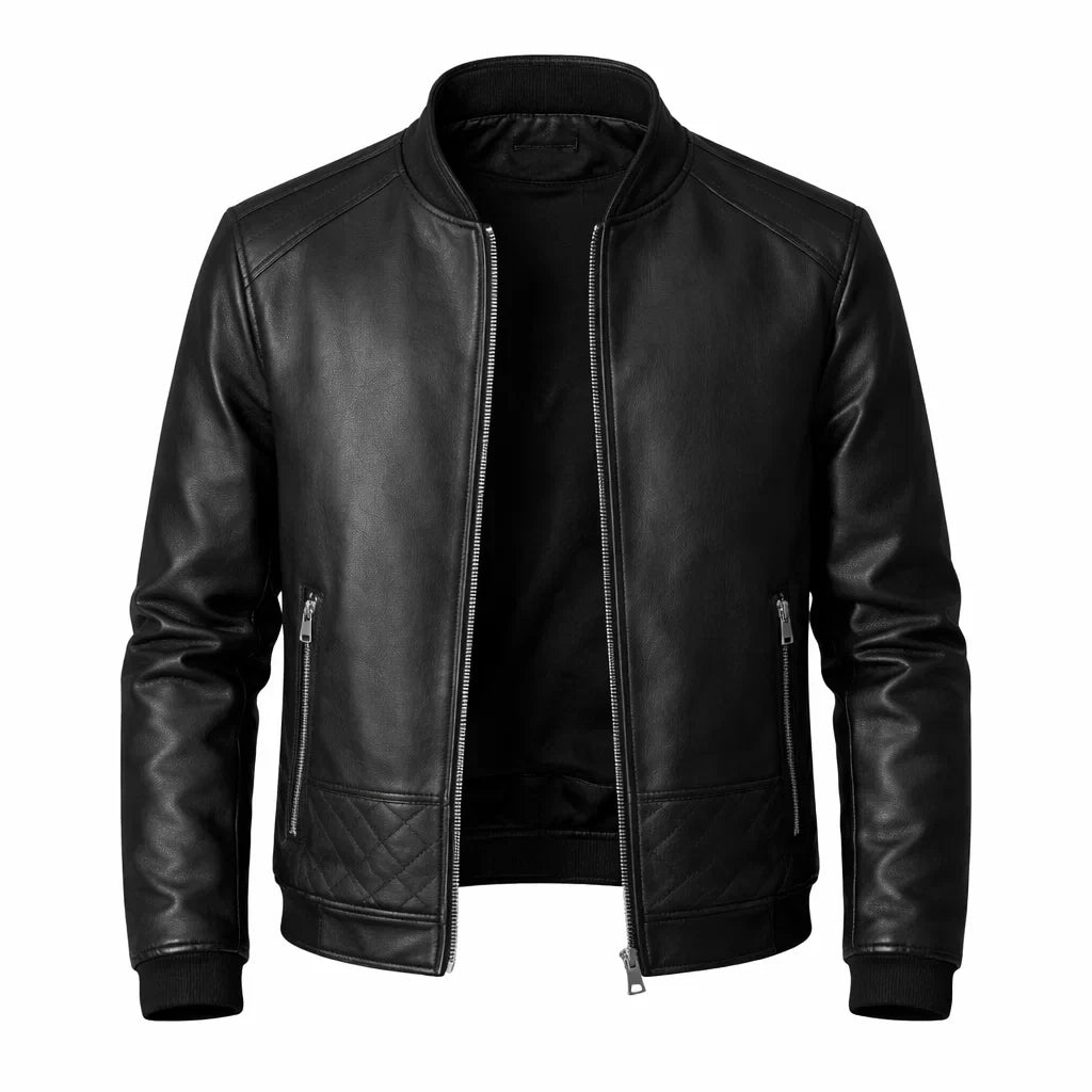 Men's Leather Jacket with Ribbed Collar and Zipper Pockets - Slim-Fit Bomber Jacket Stylish Casual Outerwear | Sansoti