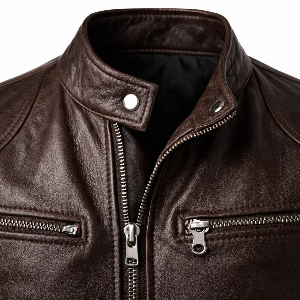 Leren Herenjack Staande Kraag Ritssluitingen Slim Fit Zwart Bruin Motorjack Herfst Winter Stijlvol Casual | Sansoti