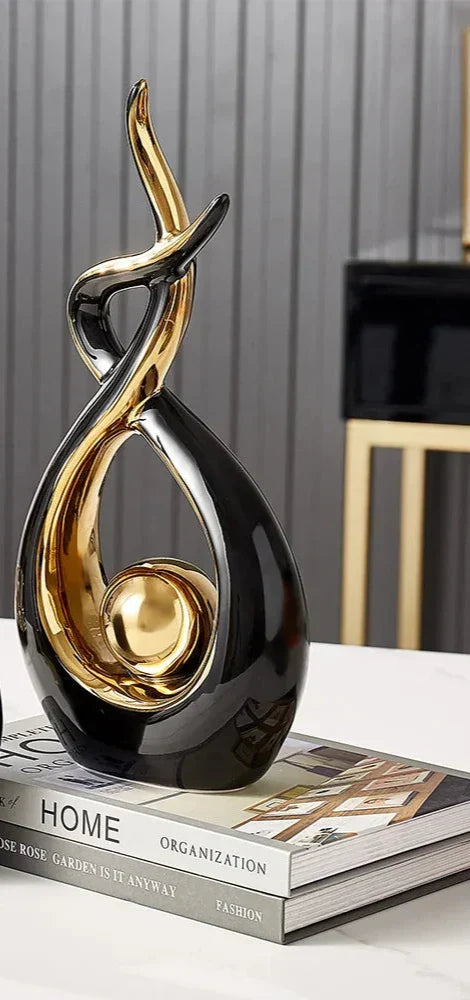 Decoratieve Sculptuur Keramiek Goud Groen Abstract 31cm Woonkamer Tafel Beeld Modern Kunstobject Interieur Decoratie | Sansoti