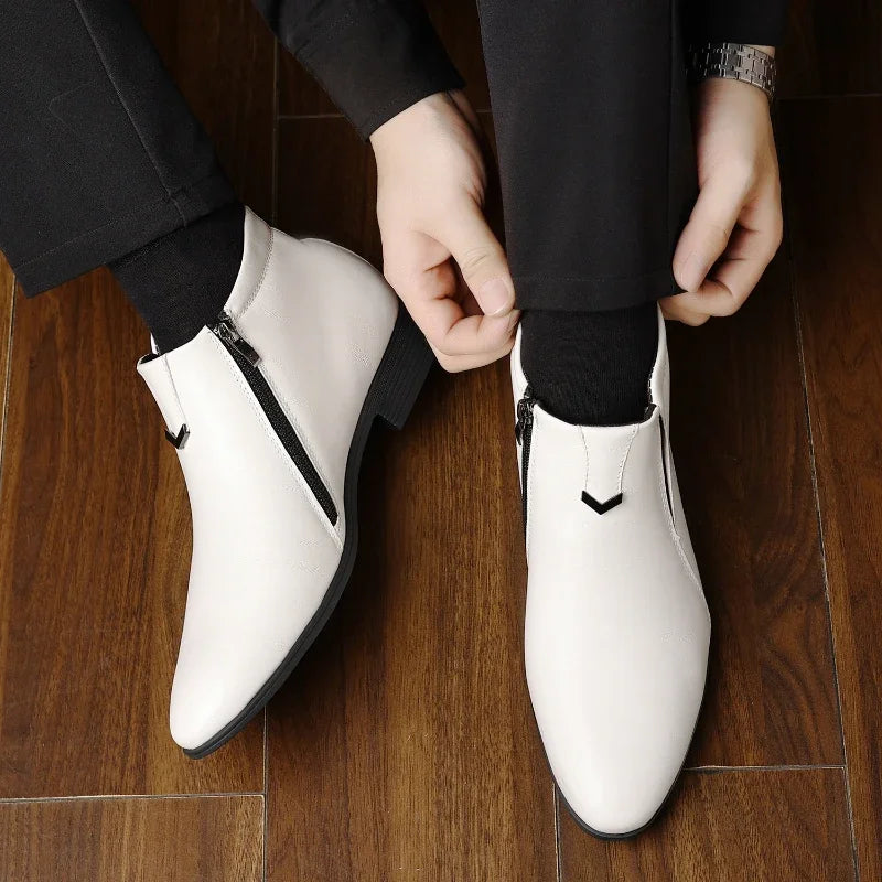 Men's Ankle Boots Pointed Toe Zipper Formal Leather Business Elegant Black Brown White Office Classic Stylish | Sansoti