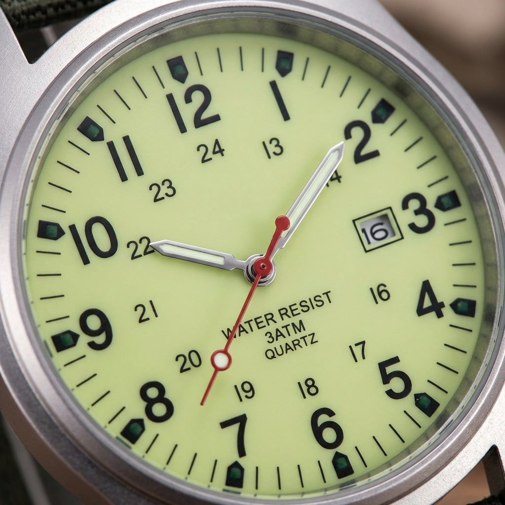 Feldarmbanduhr mit Textilarmband - 24-Stunden-Anzeige - Datumsanzeige - für den täglichen Gebrauch - Outdoor-Uhr für Herren | Sansoti